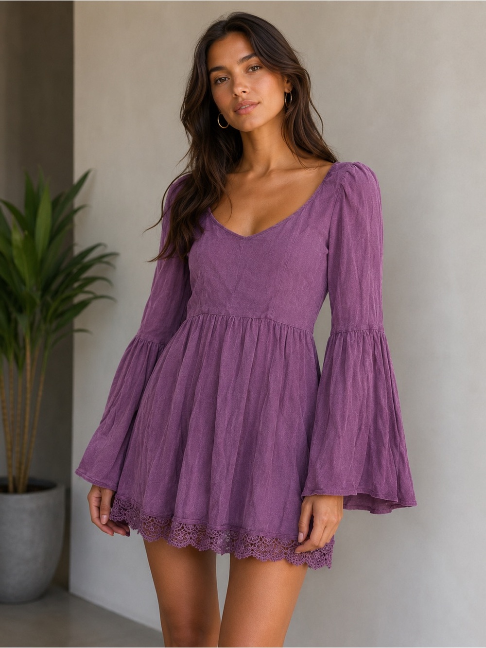 Purple round Neck Bell Sleeve Mini Dress